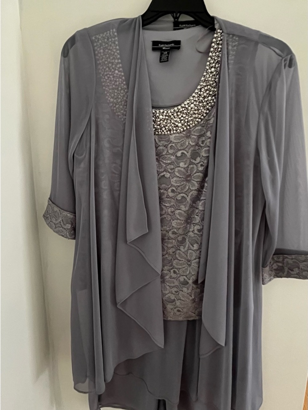 R&M Richards Silver Gray Beaded Neckline Pants set